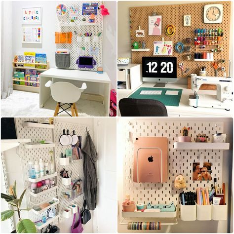 Peg Board Organization Home Office, Ikea Pegboard Ideas Bedroom, Pegboard Bedroom Ideas, Ikea Peg Board Ideas Aesthetic, Ikea Pegboard Ideas Office, Ikea Pegboard Ideas Kids, Ikea Board Ideas, Office Pegboard Ideas, Home Office Pegboard