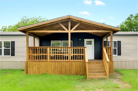 Covered Porch On Mobile Home, Small Porch Building Ideas, Mobile Home Covered Porch Ideas, Porch On Mobile Home, Double Wide Front Porch Ideas, Cabin Porch Ideas, Mobile Home Landscaping Ideas, Covered Front Porch Ideas, Porch For Trailer