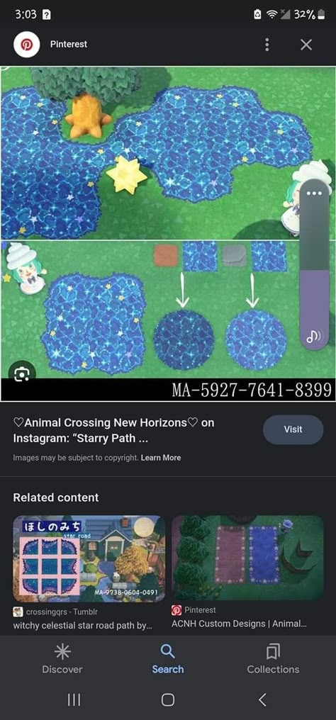 Starry Island Animal Crossing, Celestial Path Acnh, Space Path Acnh, Acnh Starry Night Design, Acnh Spacecore Island, Acnh Star Design Codes, Animal Crossing Star Theme, Animal Crossing Space Ideas, Acnh Stargazing Area Codes