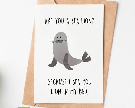 "This animal pun card will make your loved one happy on your anniversary. Grab one then give it to put a smile on his face! .: White sealable envelope included for each card .: Two size options available: 3.5\"x5\" and 5\"x7\" .: 111# Matte Cover - Triple coated to boost to the contrast of your photos and allows for flawless ink transfer and adhesion resulting in exceptional image quality with very little glare .: High quality printing technique which makes the design last for years & years! Animal Puns Love, Pun Love Notes, Animal Pun Cards, Funny Puns For Boyfriend, Punny Cards For Boyfriend, One Year Anniversary Cards, Cute Puns For Boyfriend, Pun Cards For Boyfriend, Love Puns For Him