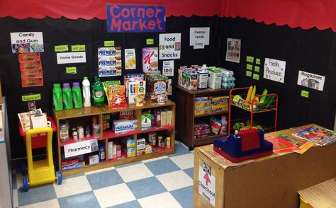 Our Grocery Store in our Play and Pretend center. The Corner Market! Grocery Store Dramatic Play, Play Grocery Store, Preschool Dramatic Play, Dramatic Play Ideas, Purposeful Play, Display Visual Merchandising, Dramatic Play Center, Role Play Areas, Play Corner