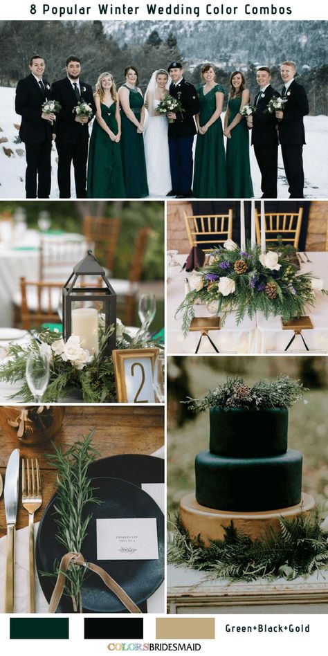 Hunter Green Wedding Palette, Black Green And Rose Gold Wedding, Emerald Green Black And Silver Wedding, Hunter Green Winter Wedding, Emerald Green Winter Wedding, Green And Silver Wedding, Black Winter Wedding, Floral Wedding Theme, Black Groomsmen