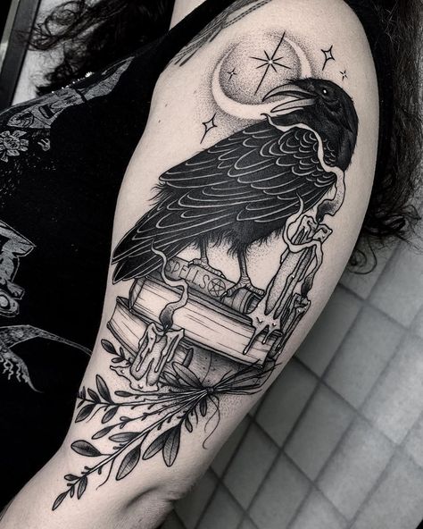 Angelo Parente on Instagram: “Raven and spell books 🕯✨ #blackcaskettattoo . . . #blackwork #blackworkerssubmission #inkedmag #dotworker #dotworktattoo #tattoosnob…” Witch Raven Tattoo, Witchy Raven Tattoo Ideas, Gothic Crow Tattoo, Witchy Raven Tattoo, Raven Sternum Tattoo, Wedding Dress With Tattoos Brides, Raven Moon Tattoo, Raven Tattoo Feminine, Natur Tattoo Arm