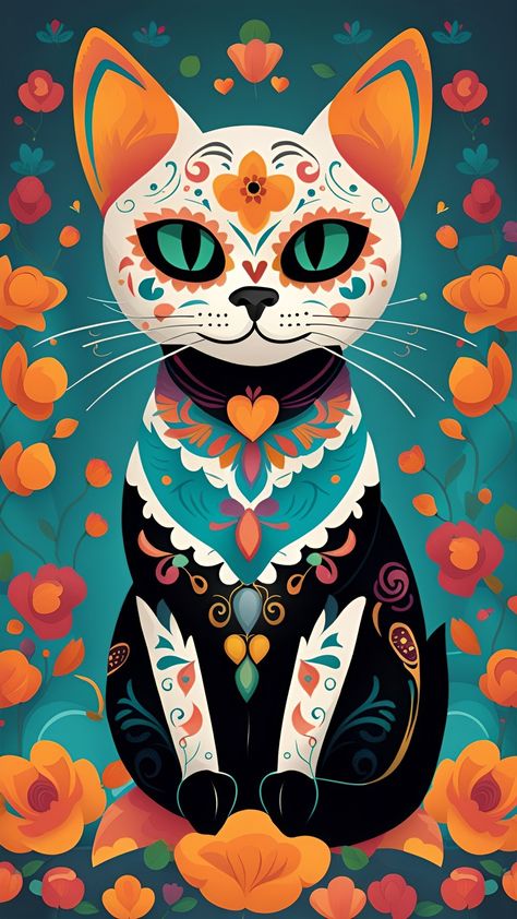 Fall Cats, Lady Cat, Day Of The Dead Skull, Sugar Skull Art, Holiday Wallpaper, Iphone Wallpaper Vintage, Animal Behavior, Mexican Art, Cat Wallpaper