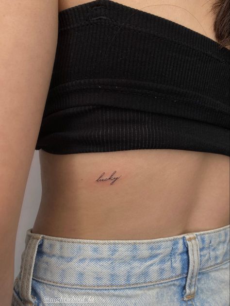 Dainty Small Single Needle Lucky Tattoo Lucky Cursive Tattoo, Lucky Tatoos Ideas, Small Lucky Tattoos, Lucky Fine Line Tattoo, Lucky Script Tattoo, Lucky Me Tattoo, Lucky Tattoo Word, Lucky You Tattoo, Minimalistic Tatoos