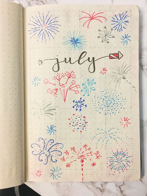 #bujo #bulletjournal #bulletjournalspread #journaling #planner #monthly #fireworks #fireworkdoodles #lettering #calligraphy #firecrackers #julycover #cover #glitter #tombowusa #gellyroll #gellyrollsakura #tombow #julyspread July Journal Cover, Bujo Templates, Debbie Balboa, October Spread, July Doodles Bullet Journal, 4th Of July Bullet Journal, July Bullet Journal Cover, July Bullet Journal Cover Fireworks, July Bujo