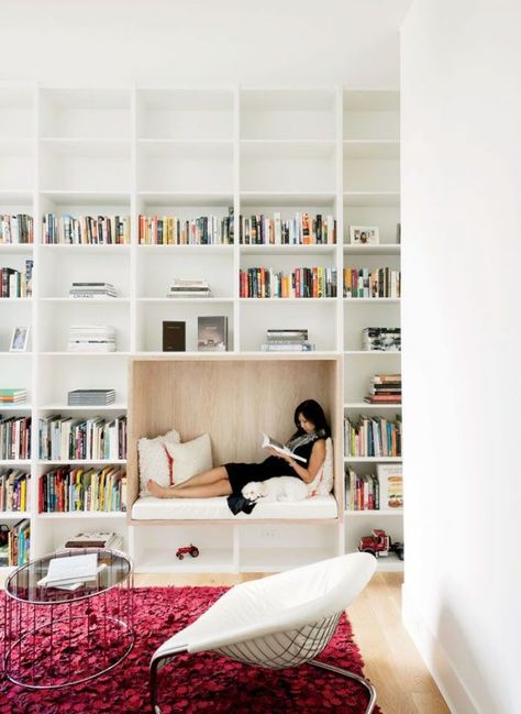 Make your reading nook the feature of your bookcase with this simple white and wood enclave design. Home Library Design Ideas, Home Library Rooms, Bibliotheque Design, Library Room, Home Library Design, Design Library, Box Houses, Home Libraries, Library Design