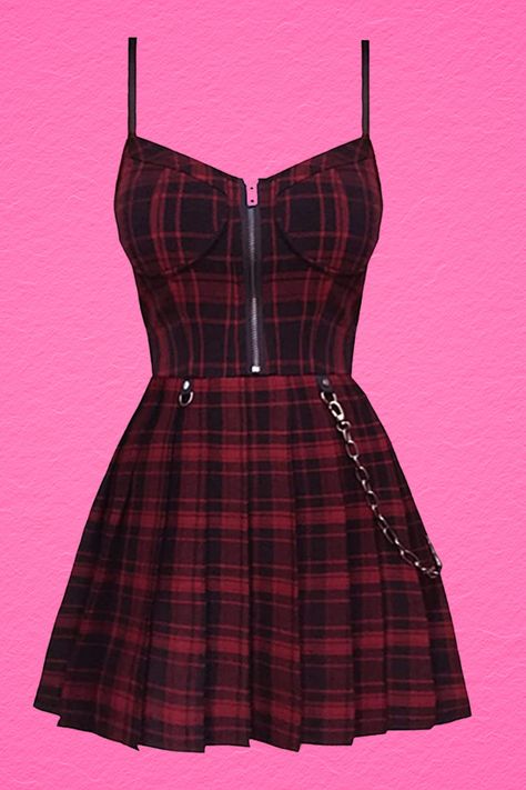 Women's Plaid Gothic Zipper Front Strap Sleeveless Tube Mini Party A-Line Dress Slip Dress y2k Mini Pleated Punk Dress red andblack #vampire #goth #gothic #grunge #altfashion #alt #punk #gothic fashion Punk Dresses, Slip Dress Y2k, Gothic Wardrobe, Drawing Ideas References, Pop Punk Fashion, Bollywood Dress, Vampire Goth, Punk Dress, Tight Mini Dress