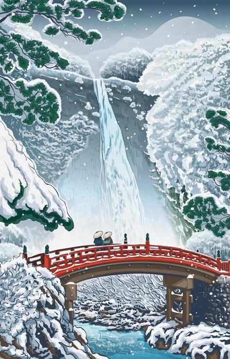 Japan Winter Waterfall Scenery Concept in Ukiyo-e Style Japanese Winter Wallpaper, Japan Seasons, Japan In Winter, Iphone Wallpaper Japan, Ukiyoe Art, Winter Waterfall, Waterfall Drawing, Anime Winter, Japanese Winter