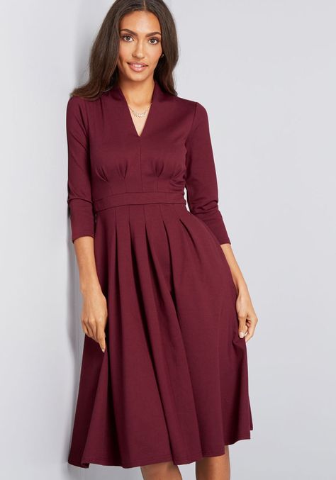 Structured Swing Ponte Knit Dress in M - Fit & Flare Midi by ModCloth Office Woman Outfits, Form Fitting Clothes, Plus Size Vintage Dresses, Ponte Knit Dress, 40s Dress, Dresses 40s, 1940s Dresses, Burgundy Dress, Unique Dresses