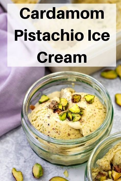 This homemade pistachio and cardamom ice cream is deliciously rich and creamy. If you've ever wanted to make your own ice cream then this ice cream maker recipe is tried and tested! It's everything you want in a pistachio ice cream - beautifully nutty, sweet and slightly spicy. Ice Cream Maker Recipe, Cardamom Ice Cream, Vegan Frozen Dessert, Homemade Ice Cream Maker, Make Your Own Ice Cream, Gelato Recipes, Pistachio Gelato, Pistachio Recipes, Gelato Recipe