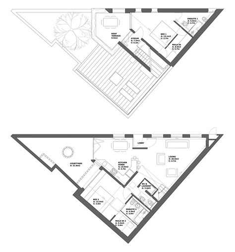 Triangle House Plan, Triangle Floor Plan, Triangular House, Triangular Architecture, Owner Builder, Home Layout, Office Floor Plan, Triangle House, Green House Design