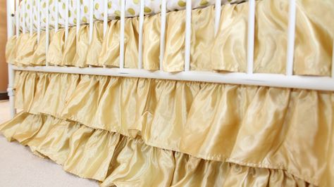 Solid 3 Tiered Ruffled Satin Crib Skirt - Fits Standard Cribs (Gold) White Crib Skirt, Bold Bedding, Crib Bed Skirt, Night Nursery, Ruffle Crib Skirt, Nursery Canopy, Pink Crib, Girl Nursery Bedding, Mattress Pad Cover