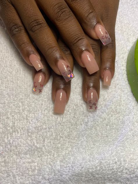 Butterfly Glitter Nails Acrylics, Nude Nails With Butterflies, Glitter Nails Acrylic, Almond Acrylic Nails, Butterfly Nail, Brown Nails, Nail Design Ideas, Cute Acrylic Nails, Nude Nails