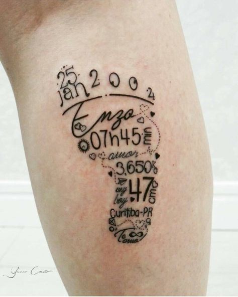 Baby foot, birth date, weight, name tattoo ❤️ Tattoos For Childrens Names, Baby Name Tattoos, Maori Tattoos, Tattoos With Kids Names, Tattoo For Son, Baby Tattoos, Sleeve Tattoos For Women, Tattoos For Kids, Design Tattoo