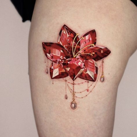 Dragon Thigh Tattoo, Small Thigh Tattoos, Upper Thigh Tattoos, Gem Tattoo, Flower Thigh Tattoos, Jewel Tattoo, Crystal Tattoo, Beautiful Flower Tattoos, Tatuaje A Color