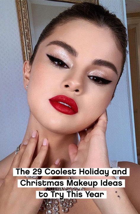 Holiday Gala Makeup, Dark Holiday Makeup, Christmas Party Makeup Over 40, Xmas Party Makeup Ideas, Christmas Red Lip Makeup, Holiday Makeup Red Lips, Light Holiday Makeup, Nye 2023 Makeup, New Year Make Up 2023