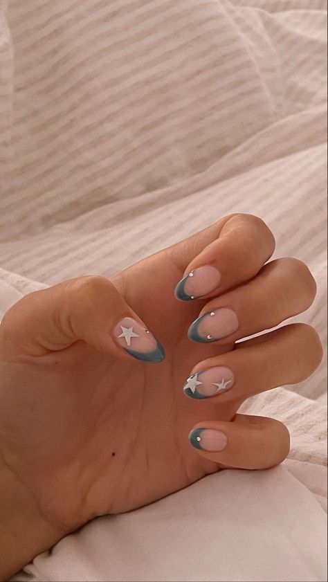 Light Blue Nails With Stars, Short Nails With Stars, Star Nails French Tip, Star French Tip Nails, Navy Nails, Blue French Tips, Light Blue Nails, School Nails, Star Nails