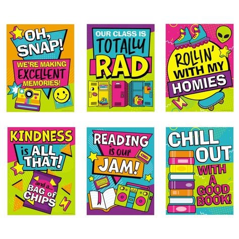 The 90s are calling and they have a message for you -- your class is cool! These retro theme school posters are cute classroom decorations younger students will love. The vibrant colors brighten your walls, and the positivity slogans make these posters excellent teaching aids. Promote good attitudes among your students in a style that will make teachers smile with nostalgia. Cardstock. (6 pcs. per unit) 16" x 20 3/4" © OTC 90��’s Decorations, Cute Classroom Decorations, 90s School, Retro Classroom, Reading Poster, Cute Classroom, 80s Poster, Brag Tags, Reading Posters