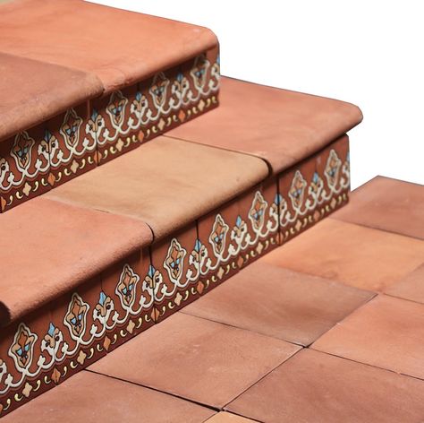 Mexican Stairs Design, Stair Tiles Ideas, Terracotta Stairs, Tile For Stairs, Mexican Stairs, Floor And Decor Tile, Mexican Tile Stairs, Tiles For Stairs, Mexican Tile Floor