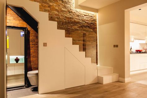 6 Feng Shui Solution Ideas for Bathroom Designs Toilet Under Stairs, Design Under Stairs, Kitchen Cabinets End Panels, Understairs Toilet, Stair Dimensions, Contemporary Hallway, Cloakroom Toilet, Bathroom Under Stairs, Stairs Storage