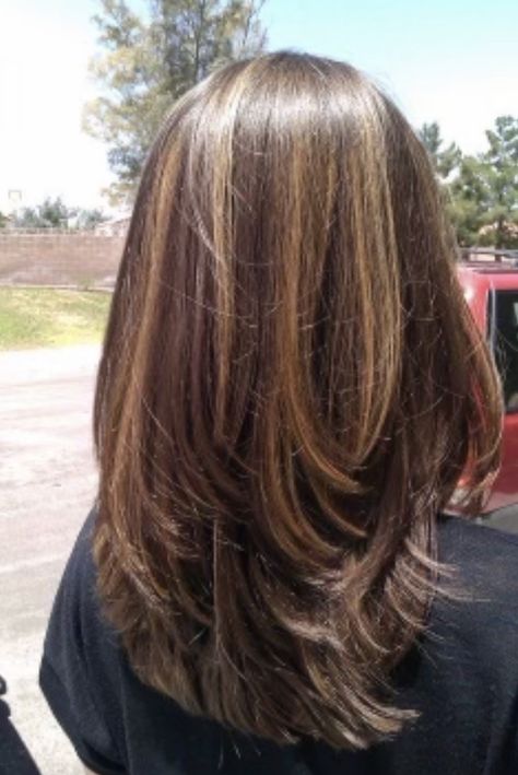 Mix Brown Hair Color, Striped Highlights Hair Dark Brown, Caramel Chunky Highlights, Light Streaks In Dark Hair, Y2k Layered Hair, Layered Hair Highlights, Long Brown Hair Balayage, Layered Highlighted Hair, Layered Haircut With Highlights