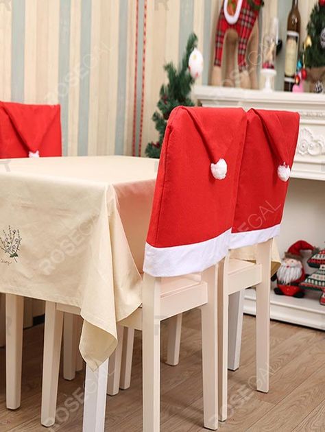 Pretty Christmas Dresses, Kitchen Chair Covers, Chair Back Covers, Christmas Chair Covers, Christmas Fancy Dress, Dining Room Chair Covers, Christmas Chair, Christmas Dining Table, Woven Chair