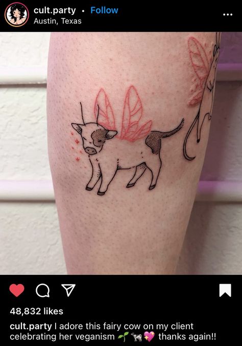 Cow With Wings, Fairy Wing Tattoos, Tiny Tattoos For Women, Tattoo Cute, Cow Tattoo, Vegan Tattoo, Tattoo Now, Matching Couple Tattoos, Red Ink Tattoos