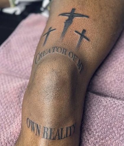 3 Crosses Tattoo Men Leg, Cool Knee Tattoos For Men, Leg Tattoo Men Cross, Cross Knee Tattoo, Faith Leg Tattoo, Three Crosses Tattoo For Men, Christian Leg Tattoo Men, Thigh Cross Tattoo, 3 Crosses Tattoo Men