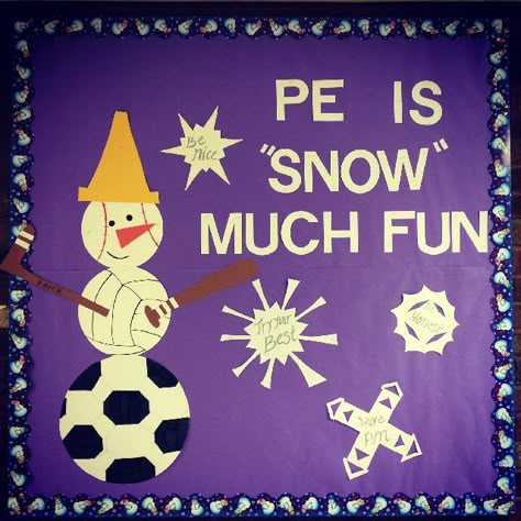 PEC: Bulletin Boards for Physical Education Gym Bulletin Board Ideas, Sports Bulletin Boards, Physical Education Bulletin Boards, Pe Bulletin Boards, Pe Equipment, Pe Board, December Bulletin Boards, Winter Bulletin Board, Music Bulletin Boards