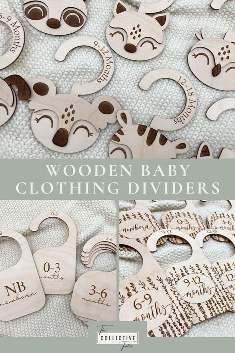 Create a perfectly organized baby closet with these custom wooden clothing dividers. Crafted from baltic birch plywood, these dividers are designed to last for years to come. They feature engraved illustrations and words that make it easy to quickly find the clothes you need. These dividers are also a great way to add a little personal touch to your nursery décor and also a great baby shower gift for any new mom! Baby Clothes Dividers, Nursery Closet Dividers, Baby Hangers, Baby Closet Organization, Baby Closet Dividers, Closet Dividers, Nursery Closet, Baby Closet, Baby Organization