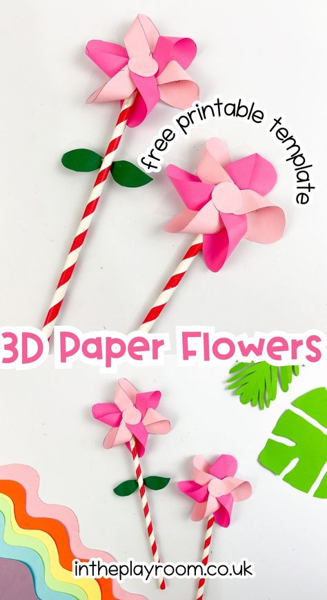 3D Spring Flower Craft with Printable Template - In The Playroom Flower Activities For Kids, Flower Activities, Flower Templates Printable Free, Spring Flower Crafts, Flower Templates Printable, 3d Paper Flowers, Homeschool Crafts, Easy Paper Flowers, Paper Peonies