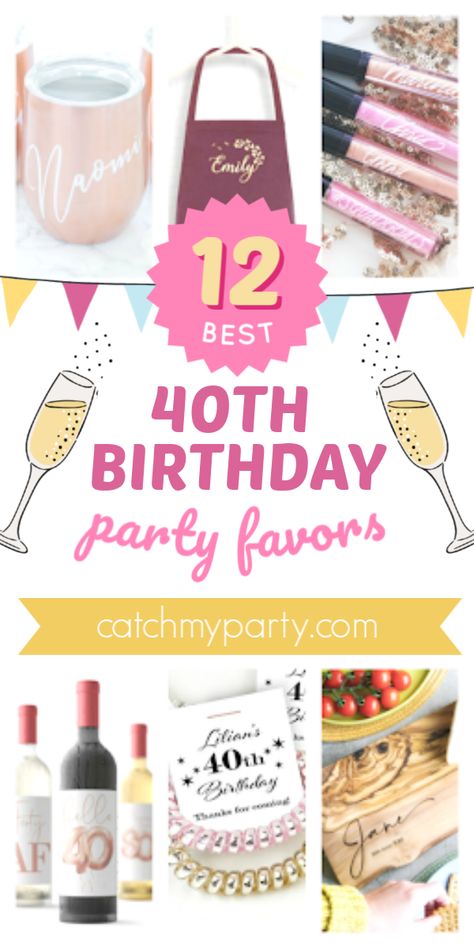 These 12 Fabulous 40th Birthday Party Favors Are Stunning. Turning forty is a major milestone in a woman's life that deserves to be celebrated with an unforgettable party Finding the perfect party favor can be tough though which is why we've come up with the 12 most fabulous 40th birthday party favors that we could find. See more party ideas and share yours on CatchMyParty.com #catchmyparty #partyideas #40thbirthdayparty #40thpartyfavors 40th Birthday Party Favors For Women Fun, 40th Birthday Goodie Bags Ideas For Adults, 40th Bday Goodie Bags, 40th Birthday Party Favors Goodie Bags, 40th Birthday Party Favor Ideas, 40th Birthday Weekend Gift Bags, Party Favors 40th Birthday Woman, 40th Birthday Diy Gifts, 40th Party Favors For Adults