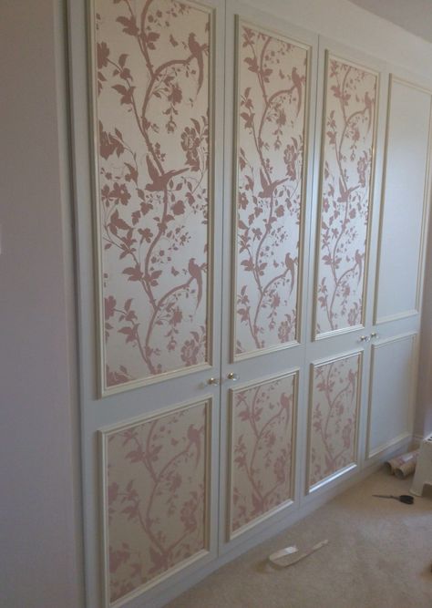 Almost finished.... :) Fitted wardrobe doors given a feminine new look with Laura Ashley's Oriental Garden in chalk pink. Wallpaper Wardrobe Doors, Wardrobe Doors Makeover, Cupboard Doors Makeover, Fitted Wardrobe Doors, Laura Ashley Wallpaper, Small Baby Room, Fitted Wardrobe, Wallpaper Door, Fitted Wardrobes