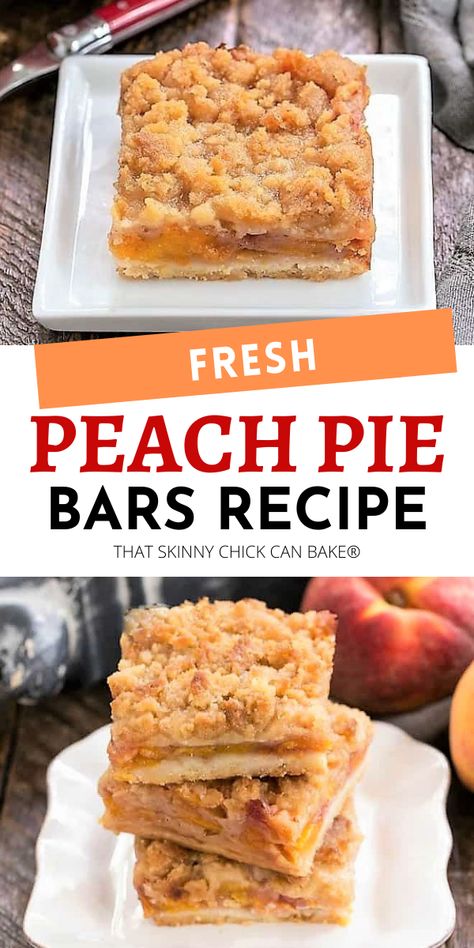 Fresh Peach Pie Bars - A shortbread crust topped with sweetened peaches and a streusel topping! A spectacular treat for the peak of peach season in the summer!! Peach Bars, Peach Cobbler Bars, Peach Pie Bars, Fresh Peach Pie, Diy Dessert, Peach Pie Filling, Pie Bar Recipes, Peach Desserts, Fruit Bar