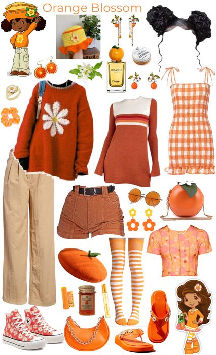 Orange Blossom Inspired Outfit, Orange 70s Outfit, Orange Themed Outfit, Fruit Aesthetic Outfit, Orange Fruit Outfit, Strawberry Shortcake Fashion, Fruit Inspired Outfit, Orange Outfits Aesthetic, Orange Aesthetic Outfits