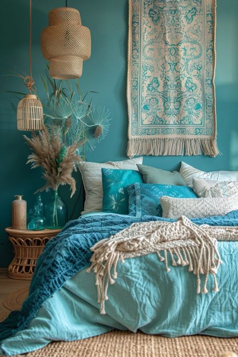 29 Boho Coastal Bedroom Ideas for a Breezy, Beachy Haven 12 Sea Green Bedrooms, Sea Green Bedroom, Dark Tropical Aesthetic, Beach Bungalow Decor, Ocean Inspired Bedroom, Tulum Decor, Beach House Boho, Contemporary Dining Room Decor, Beachy Boho Bedroom