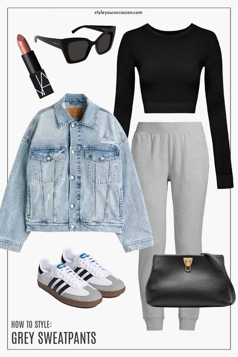 Gray Adidas Sweatpants Outfit, Grey Tracksuit Pants Outfit, How To Wear A Tracksuit, Womens Grey Sweatpants Outfit, Comfortable Sweatpants Outfits, Shoes With Sweatpants, Hanging Out Outfit Casual, Fall Sweat Pants Outfit, Grey Lounge Pants Outfits