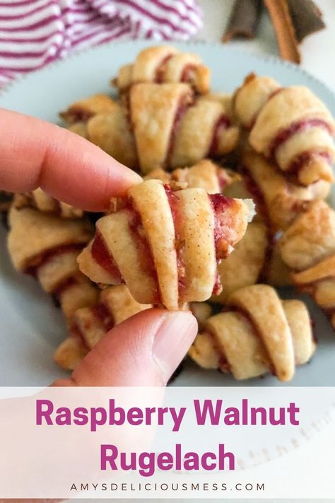 These Raspberry Walnut Rugelach are crisp, flaky, and slightly sweet. The perfect little bite and a great addition to any holiday cookie box. You can switch up the filling based on your own preferences! Polish Desserts, Gooey Cookies, Jewish Recipes, Holiday Cookie, Cookie Box, Raspberry Jam, Party Food Appetizers, Vegetarian Cheese, Christmas Cookie