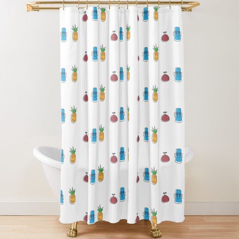 Extra-long decorative fabric shower curtains with 12 button holes. Comes ready to hang. Vivid, full-color printed on front and white on back. Fits most standard size tubs and showers. Three iconic houses from three iconic characters from Spongebob Squarepants. Minimal design of Patrick's, Squidward's and Spongebob's houses. Iconic Houses, Spongebob House, House Minimal, Cute Room Decor, Fabric Shower Curtains, Curtains For Sale, Spongebob Squarepants, Iconic Characters, Minimal Design