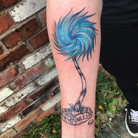 Unless Lorax Tattoo, Unless Tattoo Dr. Seuss, Oh The Places You Will Go Tattoo, Dr Suess Tattoo Ideas, Lorax Tree Tattoo, Dr Seuss Tattoo Ideas, Truffula Tree Tattoo, The Lorax Tattoo, Tree Tattoo Black And White