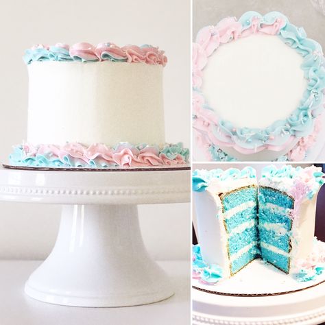 Gender Reveal Cake Frosting, Rectangle Gender Reveal Cake, Gender Reveal Cake Flavors, Small Gender Reveal Cake Simple, Basic Gender Reveal Cake, Gender Reveal Cake Buttercream, Pink And Blue Cake Ideas, Gender Reveal Cakes Simple, Pink And Blue Cake Gender Reveal