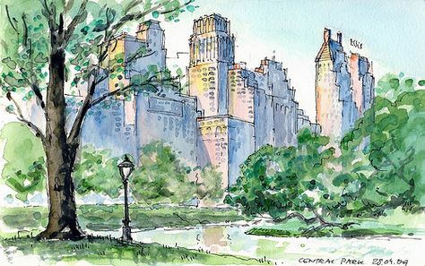 by Rene Fijten Nyc Drawing, Landscape Photography Trees, New York Central Park, New York Landscape, Mountain Landscape Photography, City Drawing, Architecture Drawing Art, New York Central, Illustration Watercolor