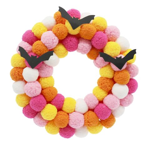 16.5" Bats & Pom Poms Wreath by Ashland® | Michaels Pink Orange Black Halloween Decor, Pink Orange Halloween Decor, Pink Halloween Wreath, Lesbian Halloween, Fall Halloween Wreath, Gay Halloween, White Ceramic Pumpkins, Halloween 1st Birthdays, Tator Tots