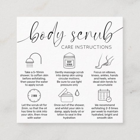 Modern Body Scrub Care Cards with elegant script font and care icons. This minimal black and white sugar scrub application instructions guide includes step-by-step information on how to best use exfoliating body scrub. Add your logo, thank you message and business details to make your custom skin polish package insert cards Body Scrub Marketing, How To Use Body Scrub Step By Step, Luxury Body Scrub Packaging, Body Scrub Recipe For Business, Body Scrub Advertisement, Benefits Of Body Scrubs, How To Use Scrub, Body Scrub Name Ideas, How To Use Sugar Scrub