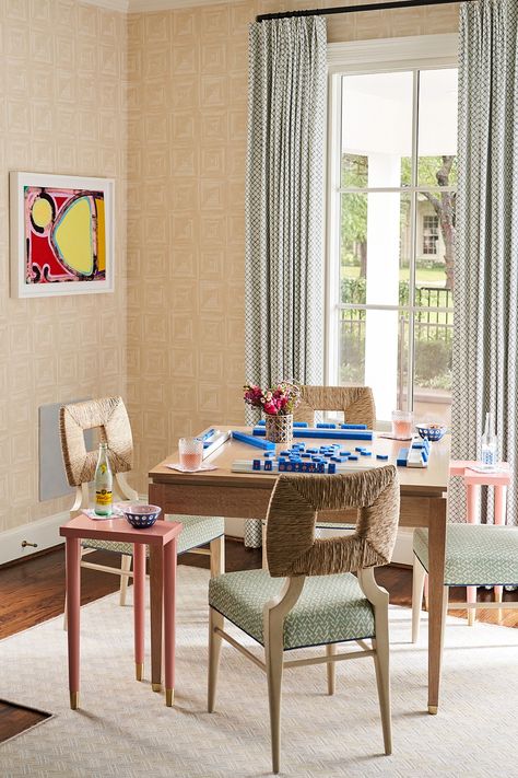 So You Want to Play Mahjong? - D Magazine Boston House, Mahjong Table, Mahjong Tiles, Hangout Room, Cerused Oak, Drink Table, Table Cards, Burled Wood, Mid Century Modern Design