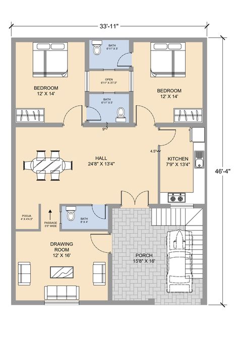 3 BHK PLAN size 33'11" X 46'4" well furnished and dimensioned. 2 bedroom with attached toilets , living hall , pooja room , dining area , kitchen , parking , 3 toilet Contact for want such type of plans 9887086162 Bathroom Attached Dressing Room, Pooja Room In Dining Area, 3bhk House Plan With Pooja Room, 2bhk House Plan With Pooja Room, 3bhk Plan, 2bhk Plan, Plot Design, Small Apartment Floor Plans, Hotondo Homes