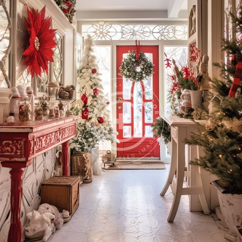 Christmas Entryway Stock Photo Mockup Image French Country Christmas Cottage Aesthetic, Holiday Home Decor Mockup, Holiday Entryway Mockup - Etsy Red Gingham Christmas Decor, Red And White Christmas Living Room, Red And White Christmas Decor Living Room, Red White Christmas Decor, French Country Cottage Christmas, Red White Decor, French Country Christmas Decor, French Christmas Decor, Holiday Entryway