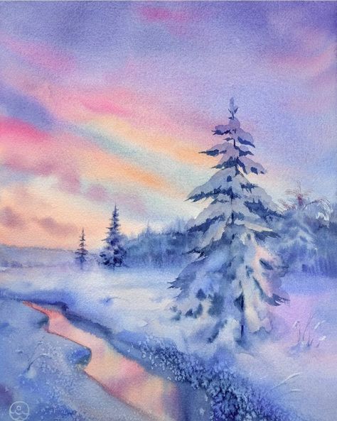 Watercolor Sky, Watercolor Paintings For Beginners, Winter Watercolor, Winter Fairy, Watercolour Inspiration, Winter Painting, Watercolor Painting Techniques, Watercolor Landscape Paintings, Watercolor Art Lessons