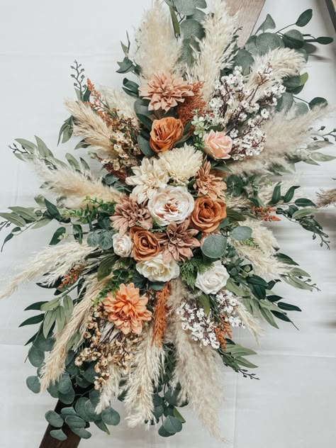 Terracotta and Blush Eucalyptus and Pampas Wedding Arch Arrangement, Boho Flowers for Rustic Fall Home Decor, Rust and Burnt Orange Bouquet - Etsy Terracotta Rust Wedding Flowers, Sage Green And Terracotta Wedding Bouquet, Rustic Boho Floral Arrangements, Sage And Copper Wedding Decor, Sage Green And Rust Wedding Flowers, Fall Wedding Terracotta And Sage, Blush Boho Wedding Decor, Boho Wedding Arrangements, Fall Wedding Arch Ideas Outdoor Ceremony